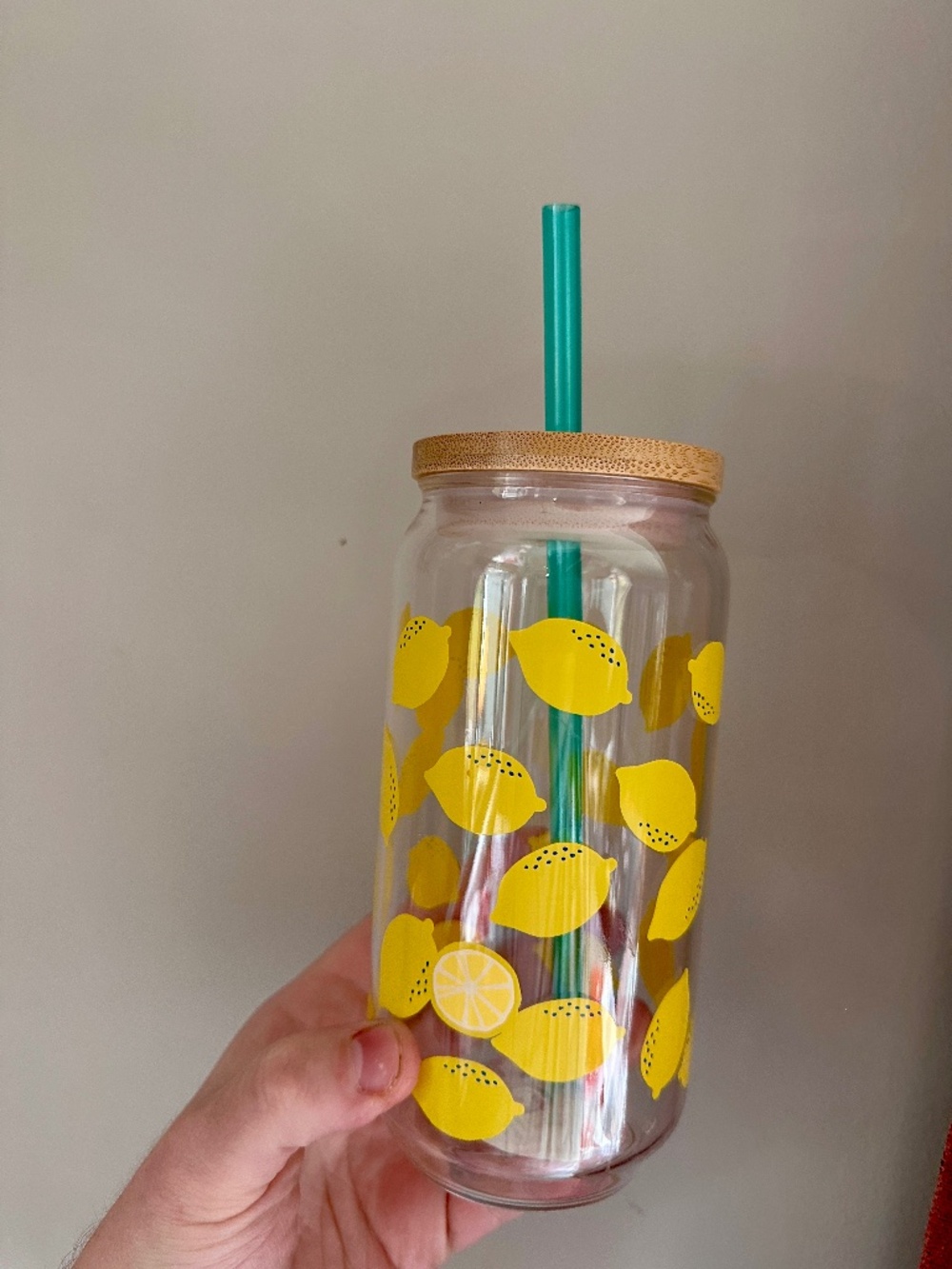 Mainstays Lemon Travel Cup 19 oz Bamboo Lid Straw Iced Coffee Tumbler NEW
